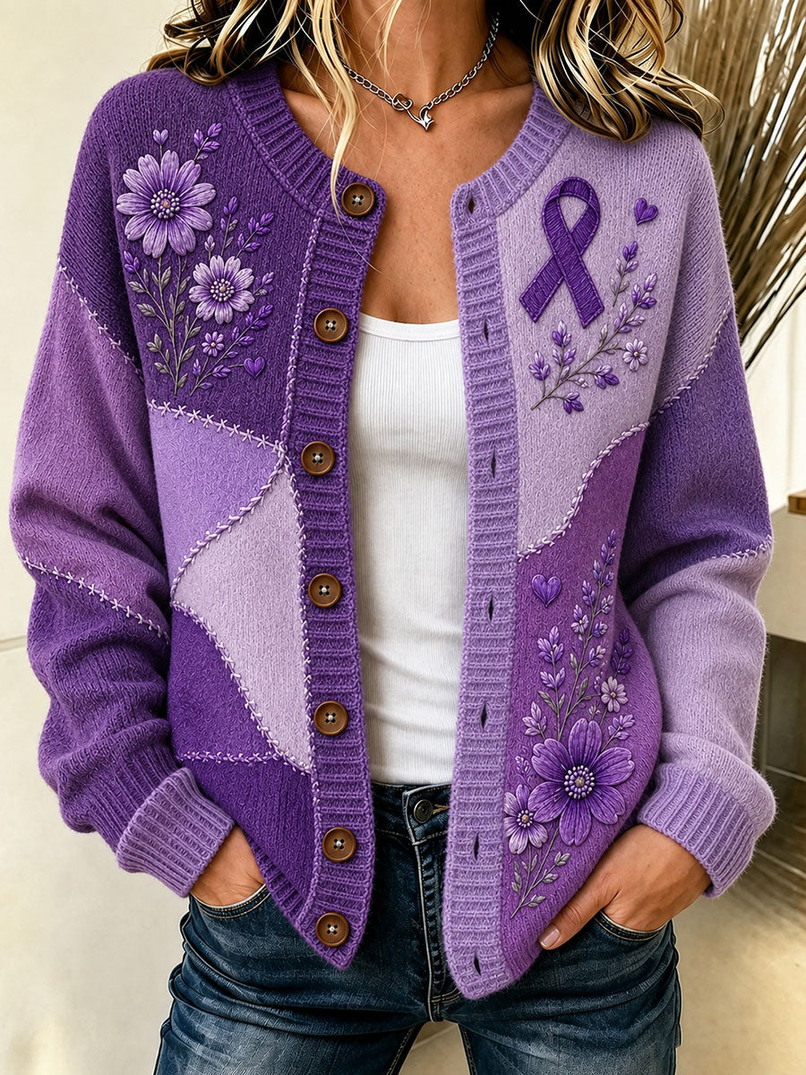 Cardigan pour femme à imprimé floral violet et de sensibilisation à la maladie d’Alzheimer