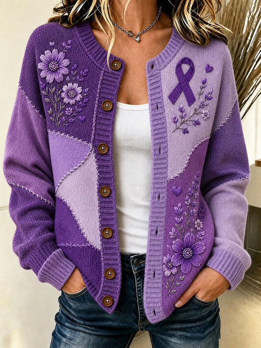 Cardigan pour femme à imprimé floral violet et de sensibilisation à la maladie d’Alzheimer