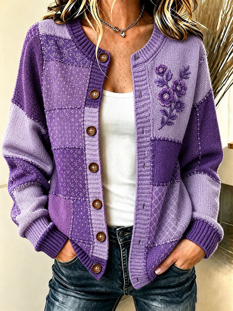 Cardigan pour femme à imprimé floral violet et de sensibilisation à la maladie d’Alzheimer