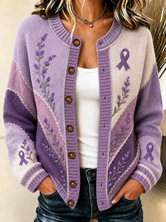 Cardigan pour femme à imprimé floral violet et de sensibilisation à la maladie d’Alzheimer