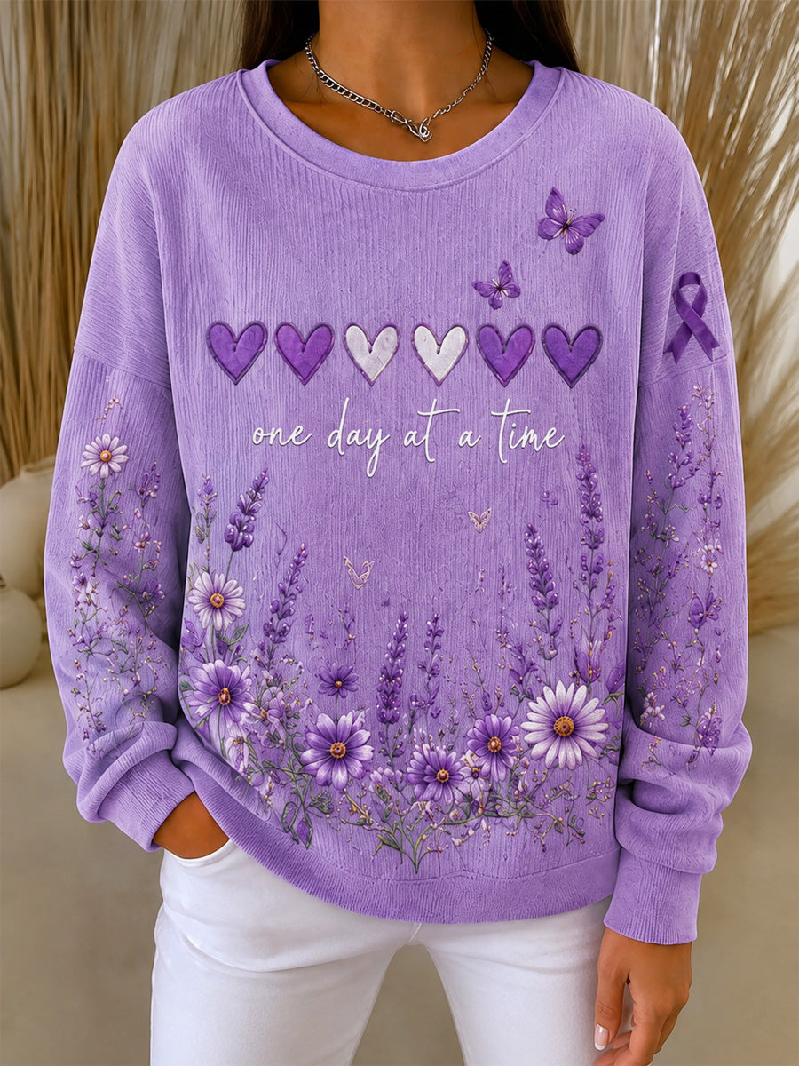 Sweat-shirt à col rond et côtes, imprimé floral violet, en soutien à la sensibilisation à la maladie d’Alzheimer, pour femme