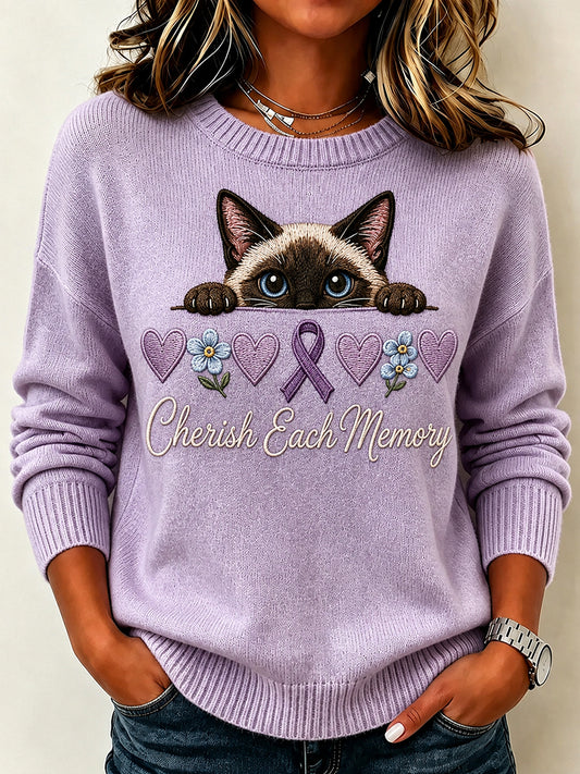 Vintage Violet Ruban Peeking Cat Imprimer ras du cou des femmes Pull