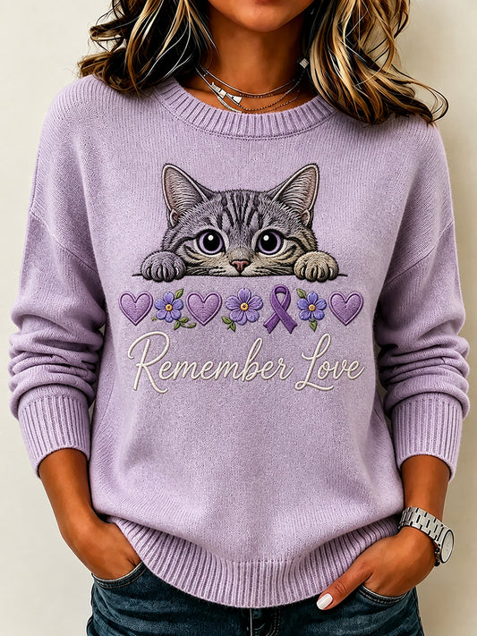Pull col rond vintage pour femme, imprimé chat qui fait un clin d’œil, ruban violet