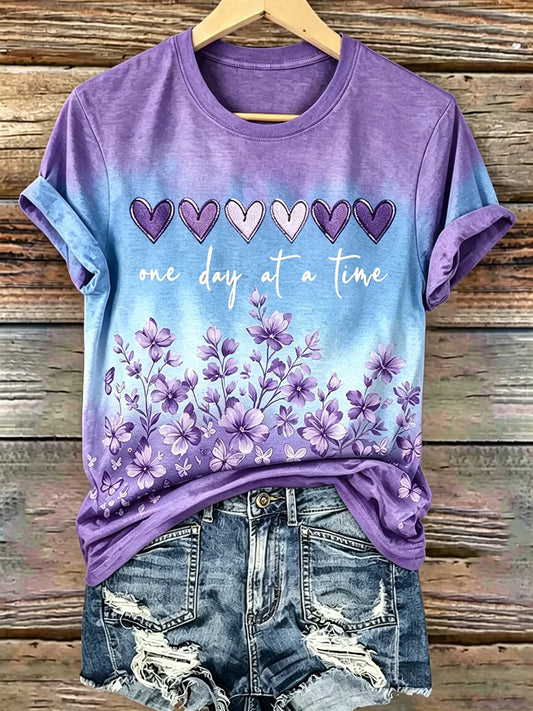 T-shirt femme à imprimé floral violet et de sensibilisation à la maladie d’Alzheimer