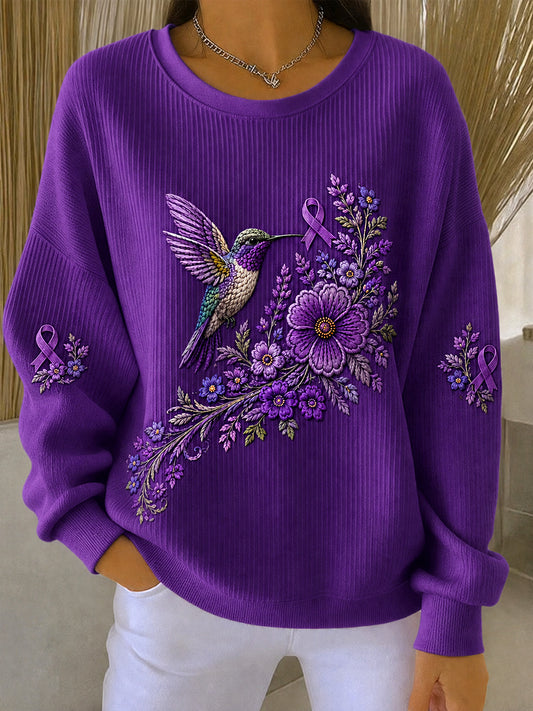 Sweat-shirt de soutien à la sensibilisation à la maladie d’Alzheimer pour femme, imprimé floral violet et colibris