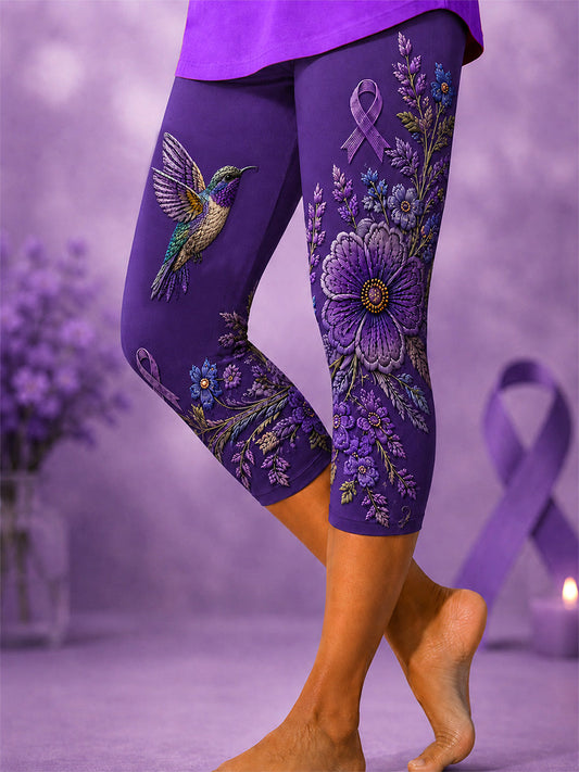 Leggings écourtés violets à imprimé floral et colibri pour femmes, soutien de sensibilisation à la maladie d'Alzheimer