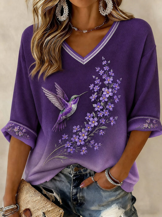 T-shirt femme contre la maladie d’Alzheimer, à manches mi-longues et col en V, imprimé de fleurs