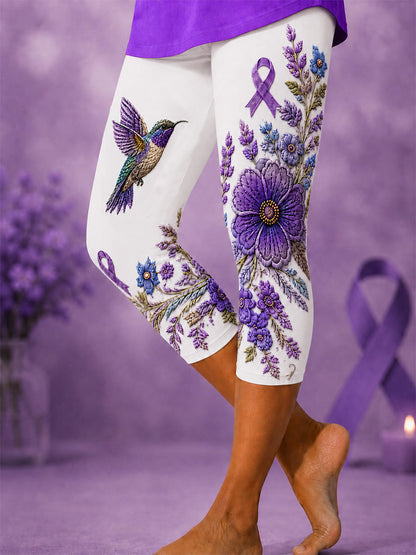 Leggings écourtés violets à imprimé floral et colibri pour femmes, soutien de sensibilisation à la maladie d'Alzheimer