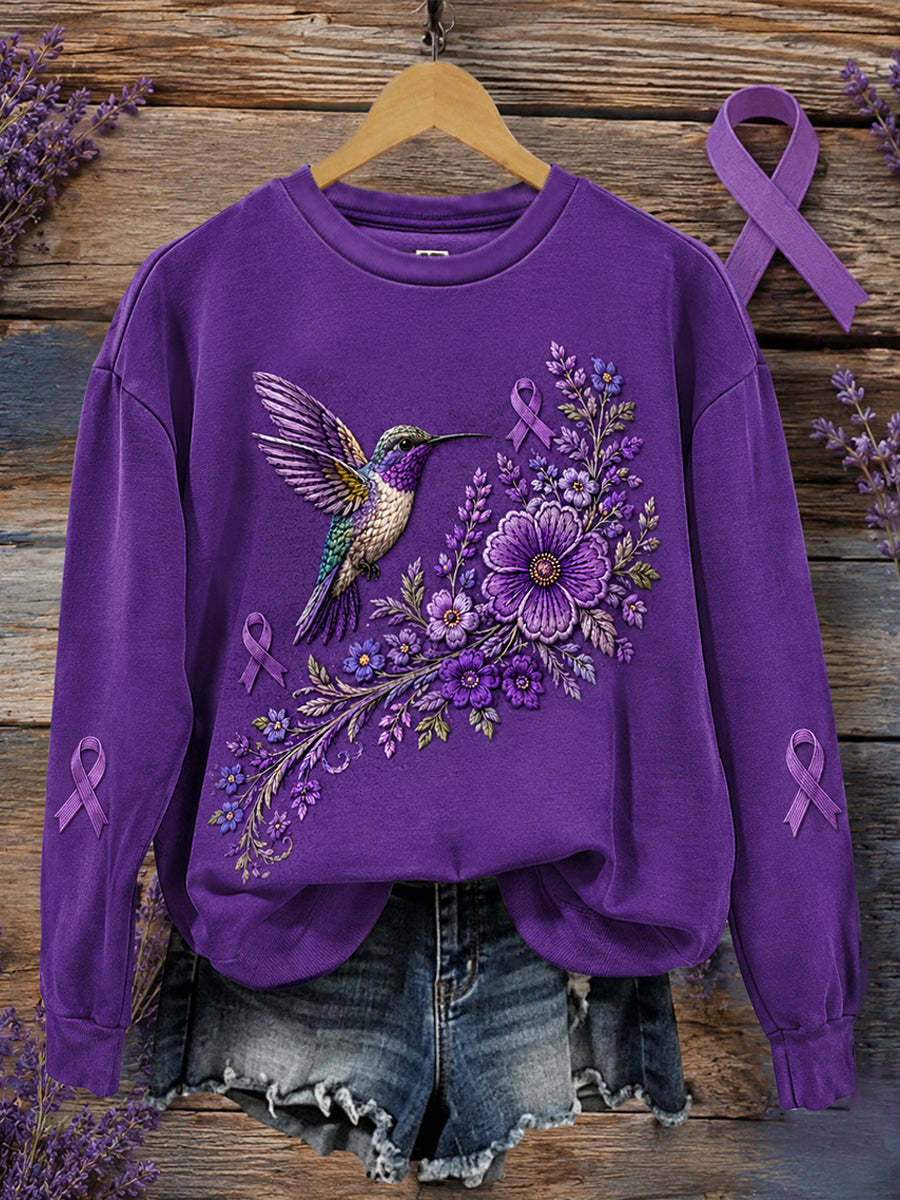 Sweat-shirt de soutien à la sensibilisation à la maladie d’Alzheimer pour femme, imprimé floral violet et colibris