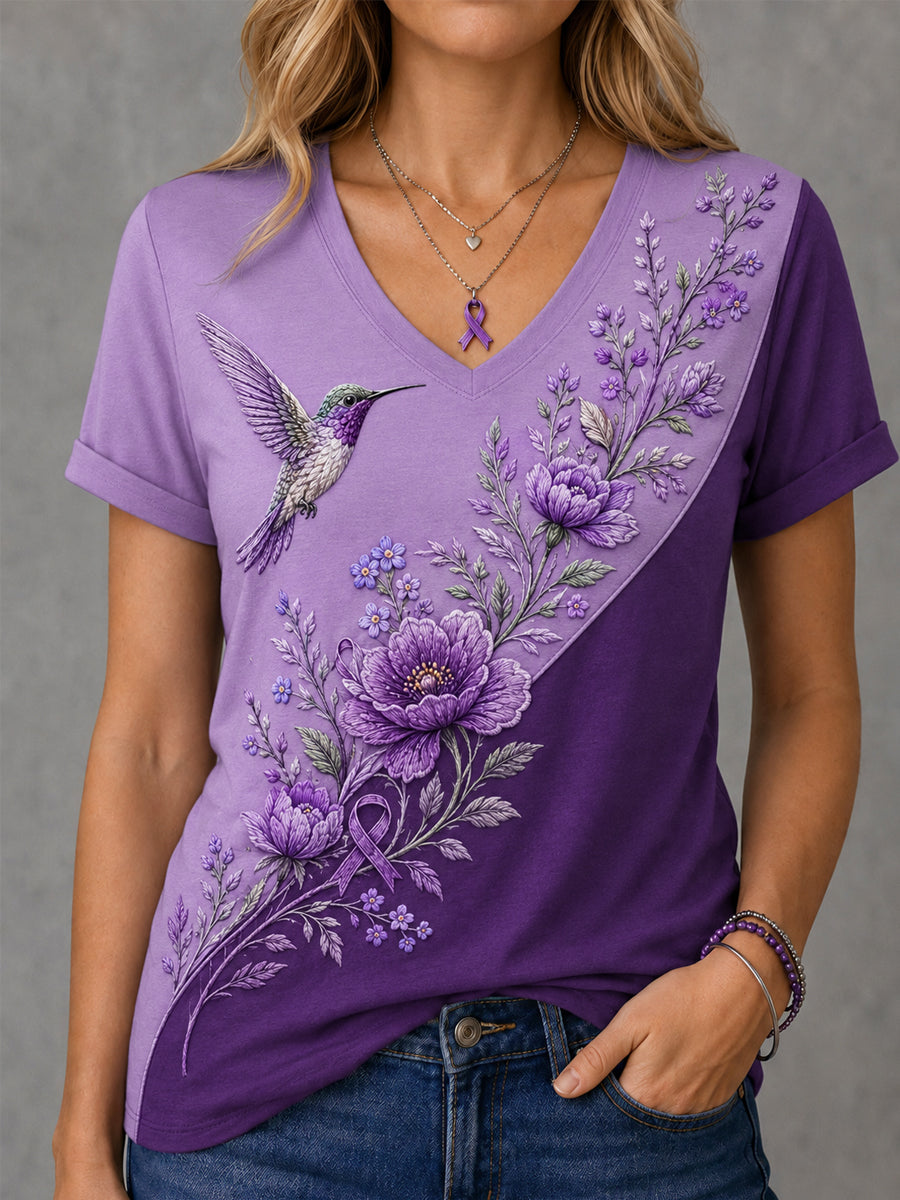 T-shirt à col en V pour femmes, imprimé floral violet et colibris, en soutien à la sensibilisation à la maladie d’Alzheimer