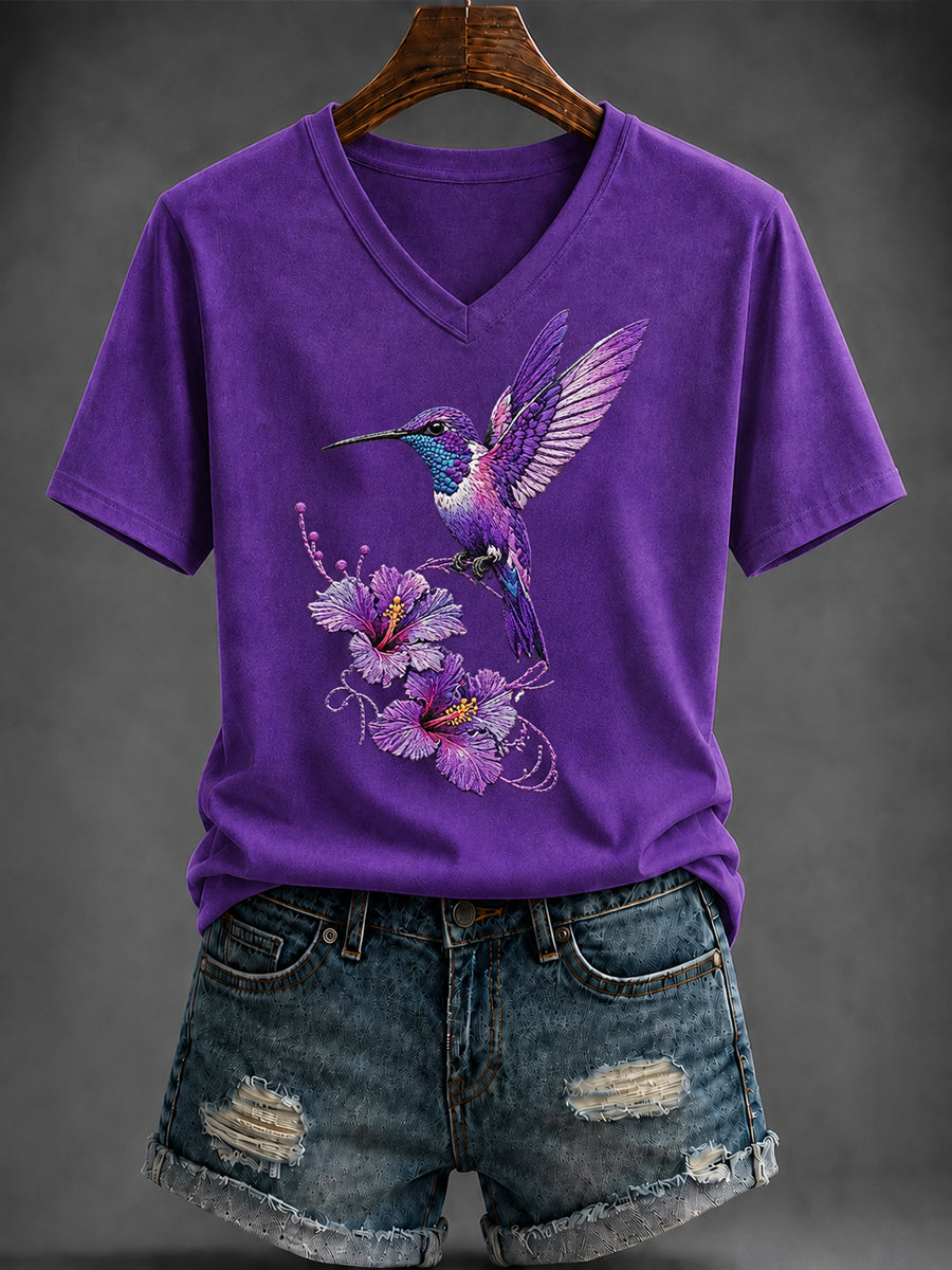 T-shirt violet à col en V pour femmes, imprimé artistique