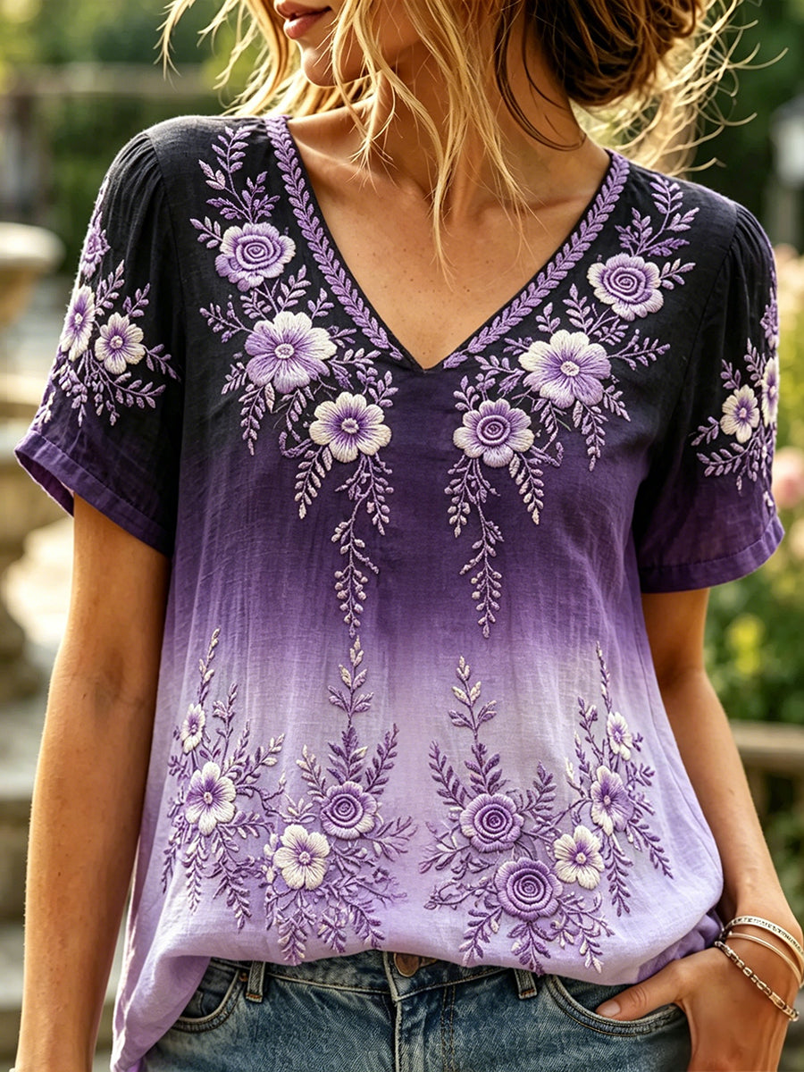 T-shirt à manches courtes en lin à imprimé floral vintage pour femmes
