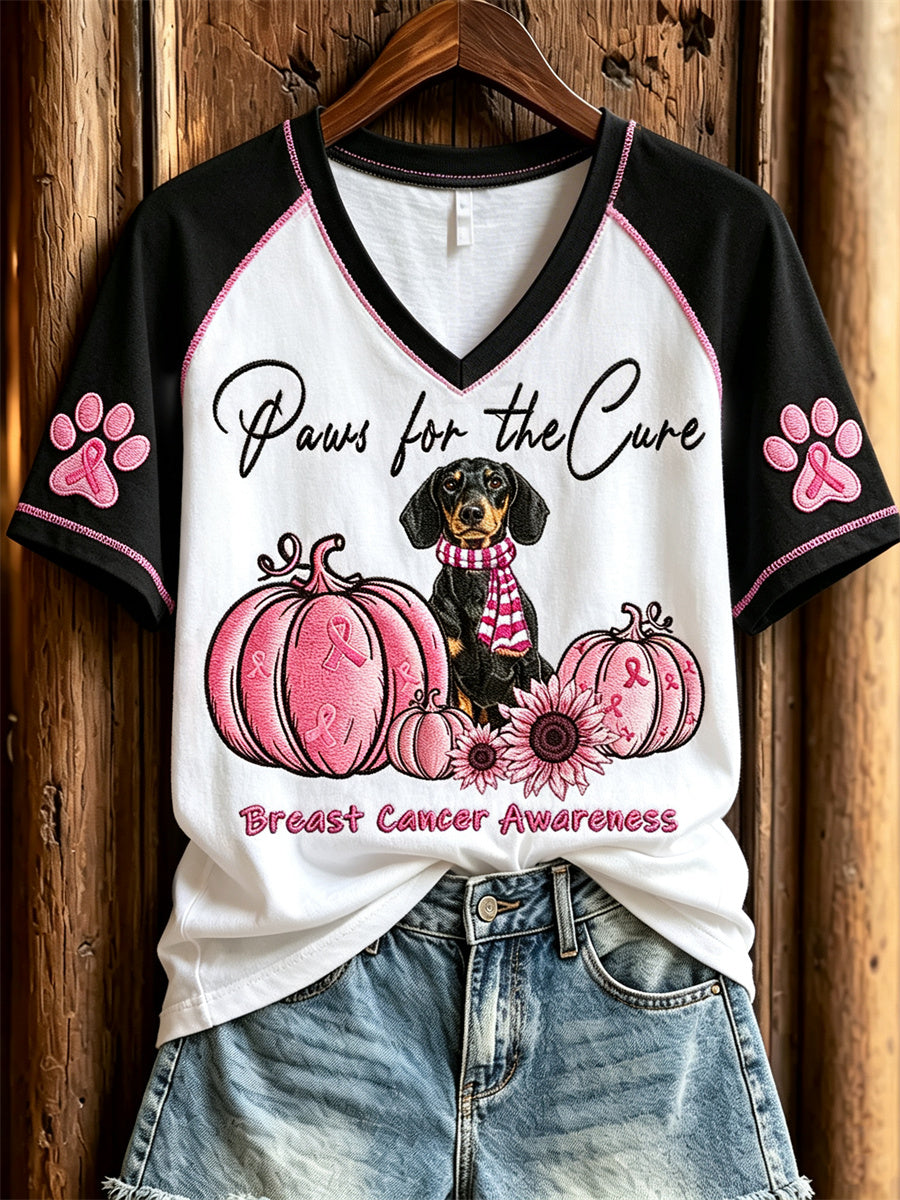 T-shirt à manches courtes pour femme Paws for the Cure sensibilisation au cancer du sein teckel chien et citrouilles roses