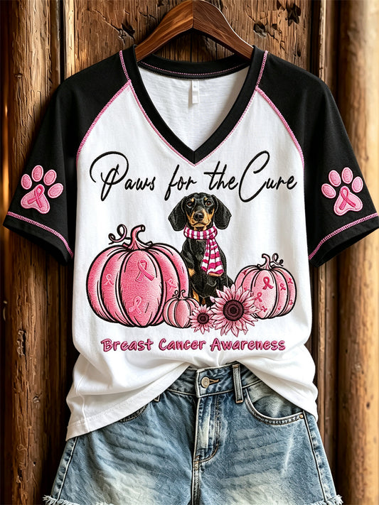 T-shirt à manches courtes pour femme Paws for the Cure sensibilisation au cancer du sein teckel chien et citrouilles roses