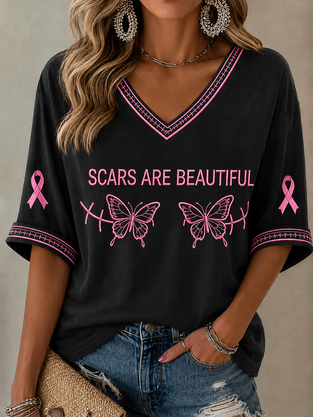 Les cicatrices des femmes sont belles manches mi-longues col en V T-shirt