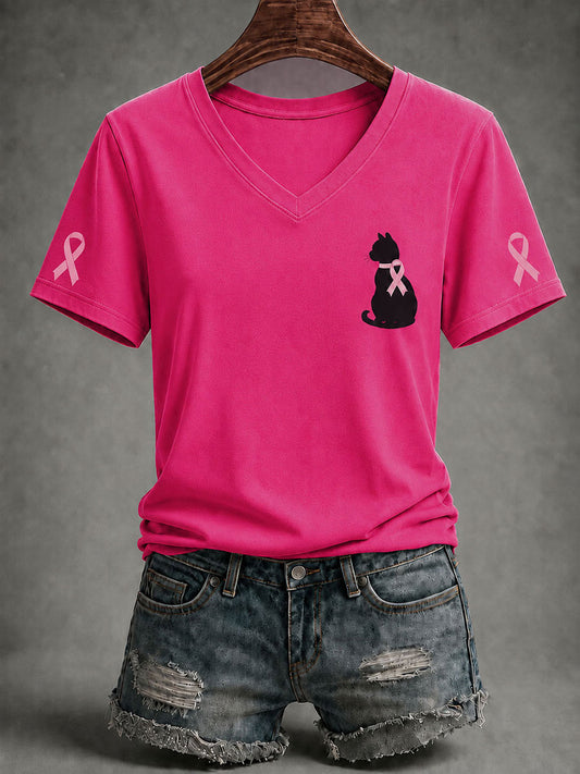T-shirt à manches courtes pour femmes, sensibilisation au cancer du sein, chat noir et ruban rose
