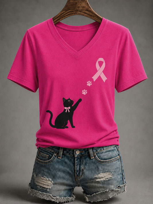 T-shirt à manches courtes pour femmes, sensibilisation au cancer du sein, chat noir et ruban rose