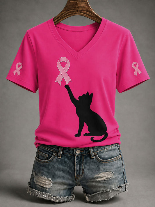 T-shirt à manches courtes pour femmes, sensibilisation au cancer du sein, chat noir et ruban rose