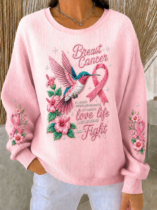Sweat-shirt à col rond côtelé, motif floral et oiseaux, pour la sensibilisation au cancer du sein chez les femmes