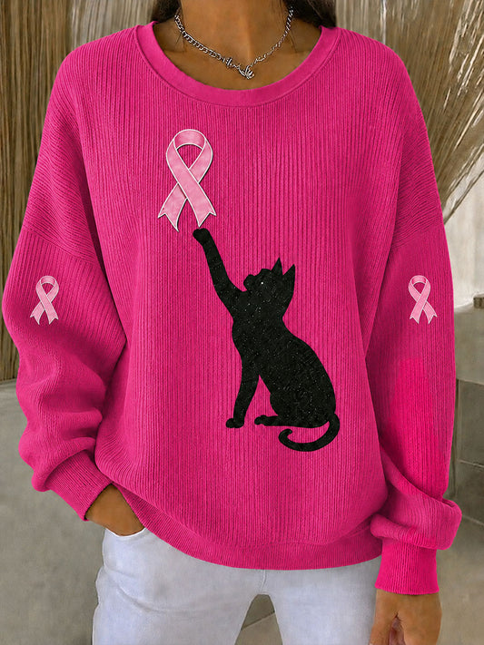 Sweat à col rond côtelé pour femmes, avec motif de chat noir et ruban rose de sensibilisation au cancer du sein