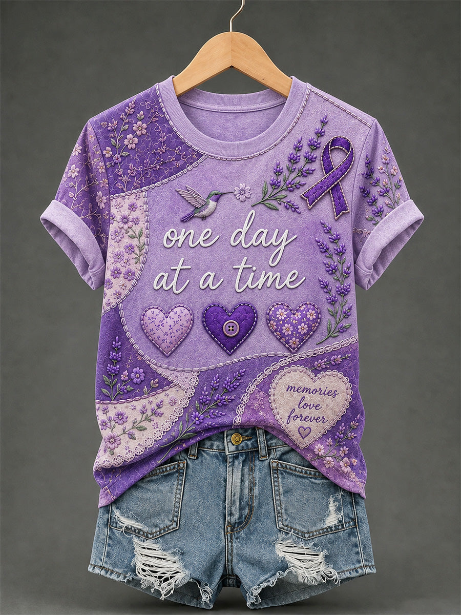 T-shirt femme à imprimé floral violet et de sensibilisation à la maladie d’Alzheimer
