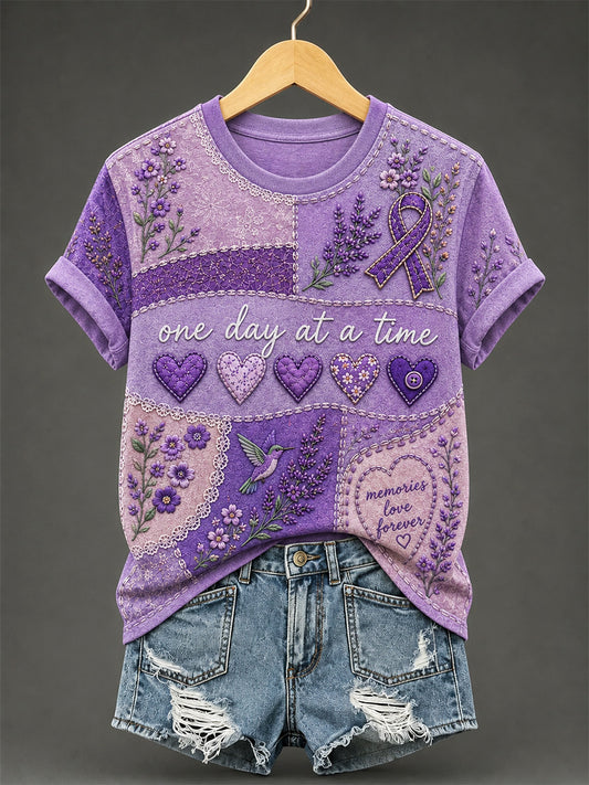 T-shirt femme à imprimé floral violet et de sensibilisation à la maladie d’Alzheimer