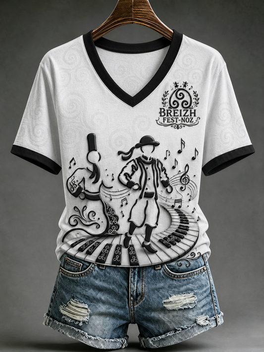 T-shirt à manches courtes pour femme, motifs bretons de musique et culture fest-noz