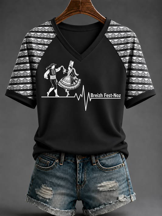 T-shirt à col en V et épaule dénudée pour femme, motif Bretagne, style fest-noz, manches courtes