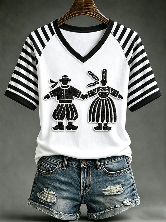 T-shirt à col en V pour femme, imprimé Bigoudène Bretagne Fest‑Noz