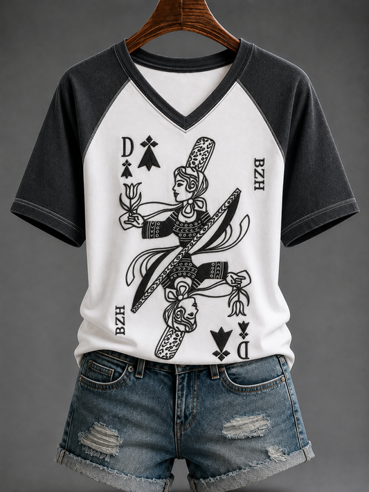 T-shirt à col en V et épaule dénudée pour femme, motif Bretagne, style fest-noz, manches courtes