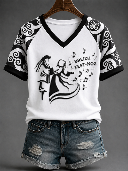 T-shirt à col en V et épaule dénudée pour femme, motif Bretagne, style fest-noz, manches courtes