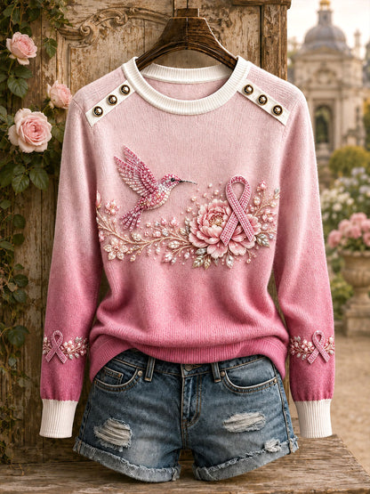 Hauts à col rond motif colibri pour la sensibilisation au cancer du sein chez les femmes