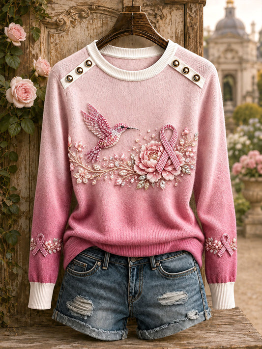 Hauts à col rond motif colibri pour la sensibilisation au cancer du sein chez les femmes
