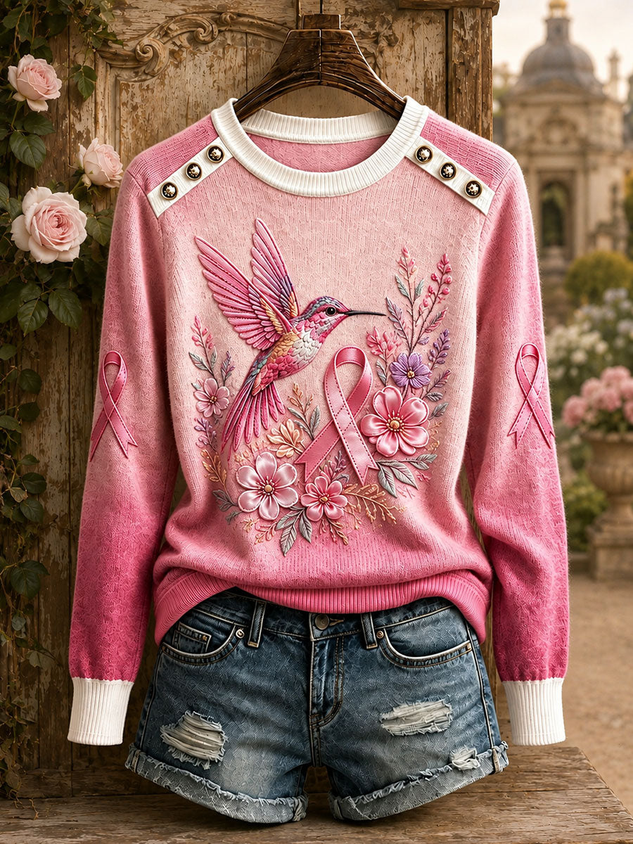 Hauts à col rond motif colibri pour la sensibilisation au cancer du sein chez les femmes