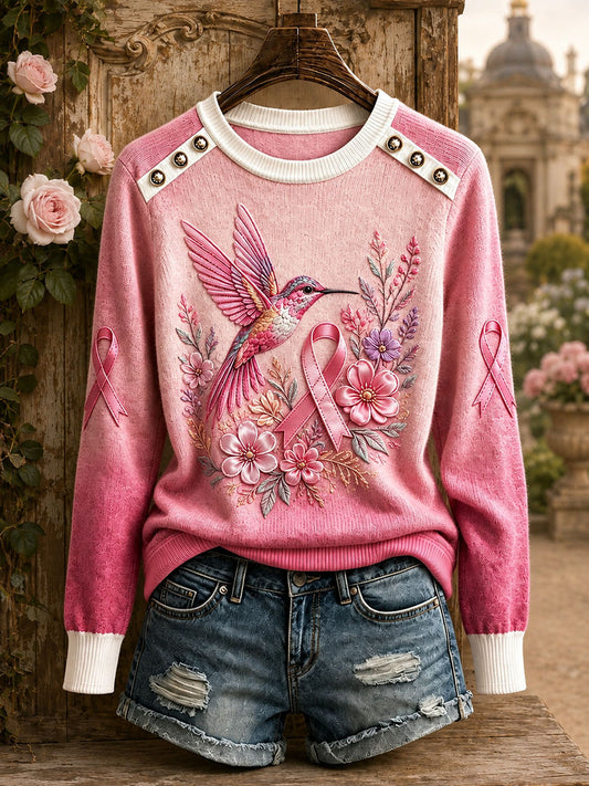 Hauts à col rond motif colibri pour la sensibilisation au cancer du sein chez les femmes