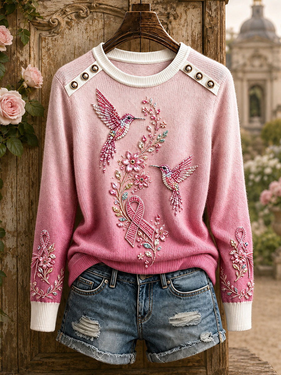 Hauts à col rond motif colibri pour la sensibilisation au cancer du sein chez les femmes