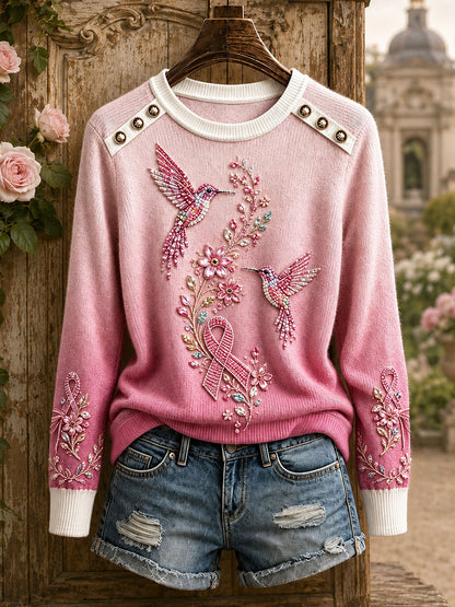 Hauts à col rond motif colibri pour la sensibilisation au cancer du sein chez les femmes