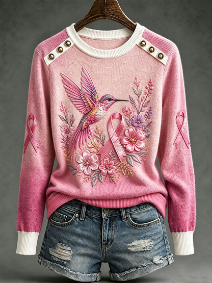 Hauts à col rond motif colibri pour la sensibilisation au cancer du sein chez les femmes