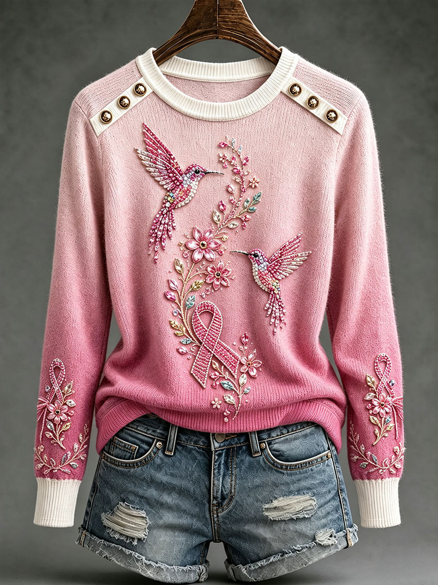 Hauts à col rond motif colibri pour la sensibilisation au cancer du sein chez les femmes