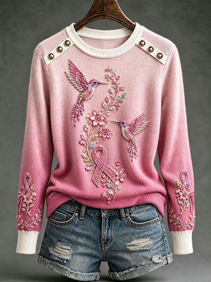 Hauts à col rond motif colibri pour la sensibilisation au cancer du sein chez les femmes