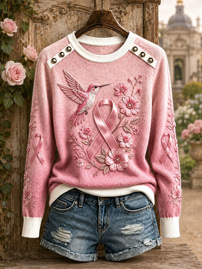 Hauts à col rond motif colibri pour la sensibilisation au cancer du sein chez les femmes