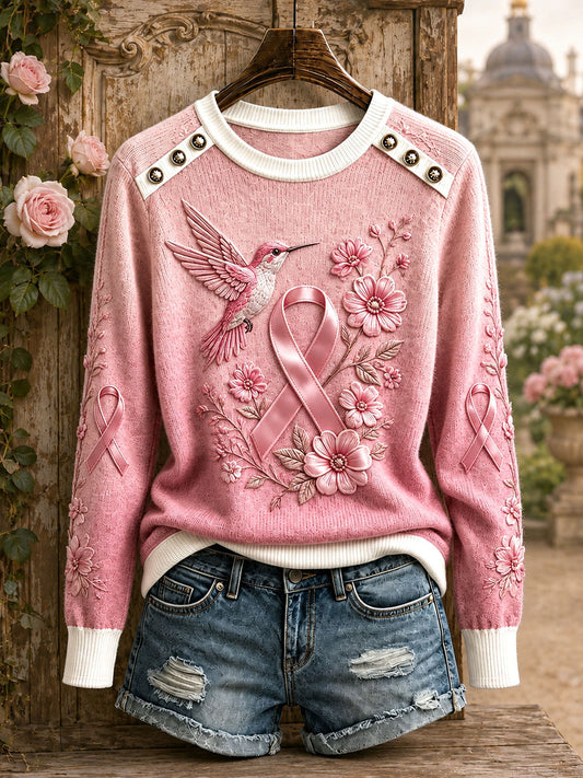 Hauts à col rond motif colibri pour la sensibilisation au cancer du sein chez les femmes
