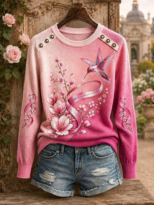 Hauts à col rond motif colibri pour la sensibilisation au cancer du sein chez les femmes