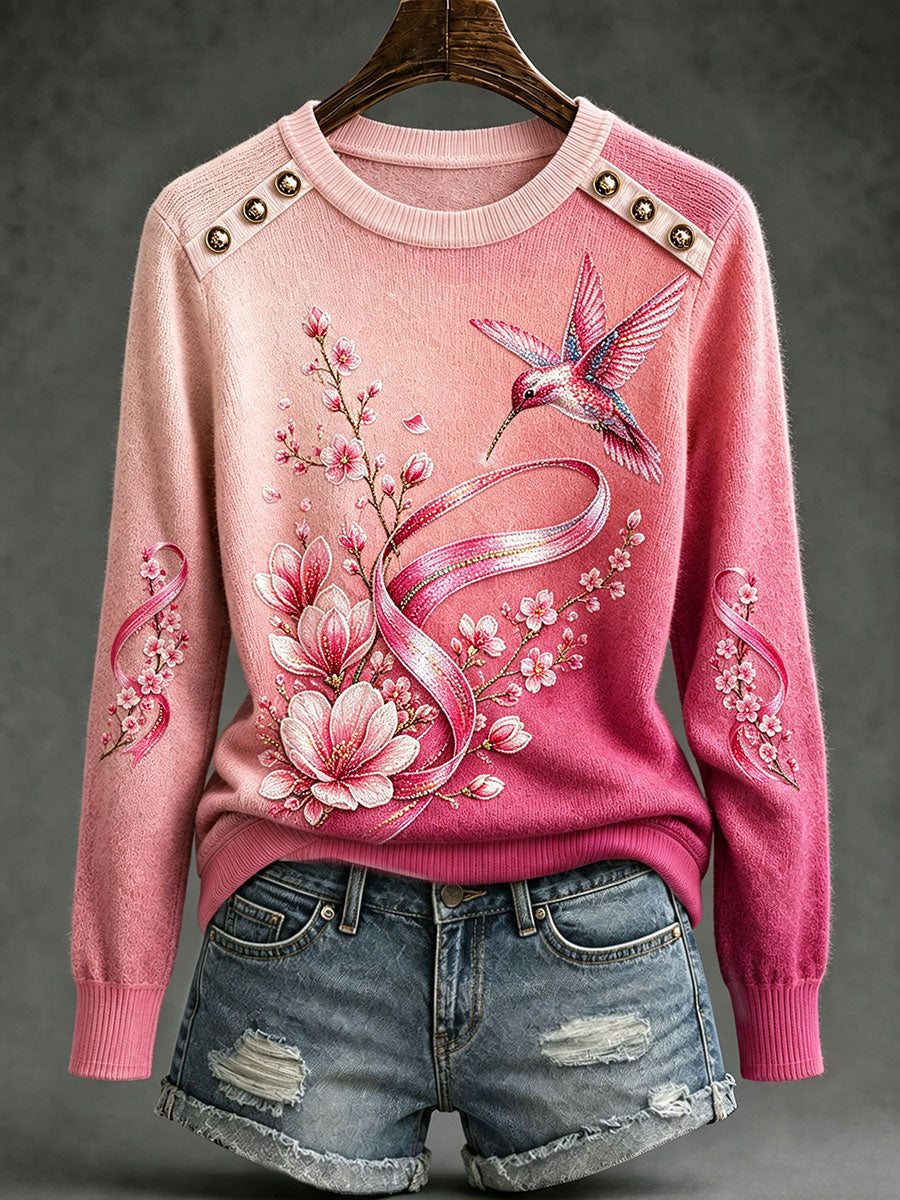 Hauts à col rond motif colibri pour la sensibilisation au cancer du sein chez les femmes