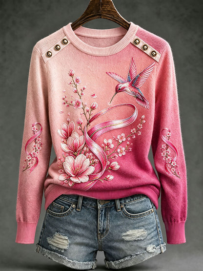 Hauts à col rond motif colibri pour la sensibilisation au cancer du sein chez les femmes