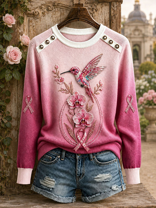 Hauts à col rond motif colibri pour la sensibilisation au cancer du sein chez les femmes