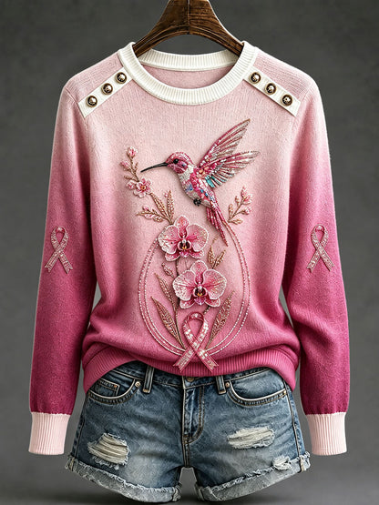 Hauts à col rond motif colibri pour la sensibilisation au cancer du sein chez les femmes