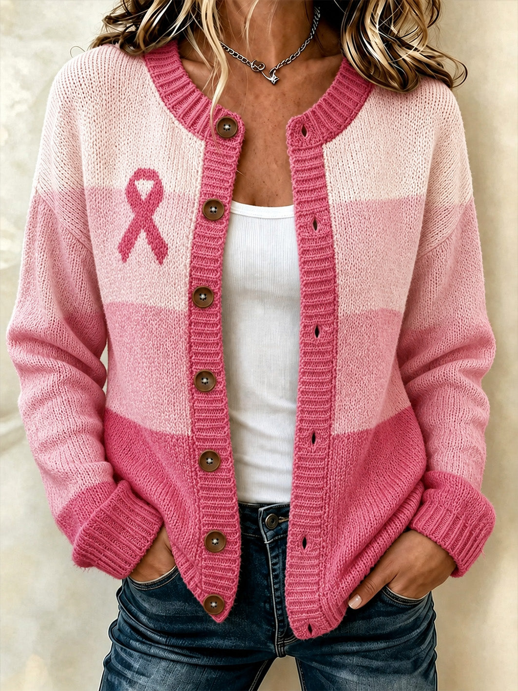 Veste en tricot de style cardigan décontractée à la conception de blocs de couleur rose pour femmes