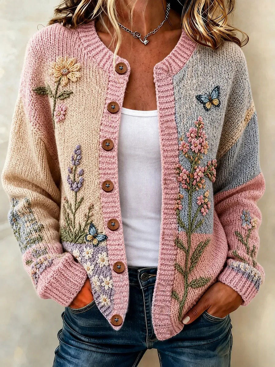 Veste en maille style cardigan aux motifs de fleurs pour la sensibilisation au cancer du sein chez la femme