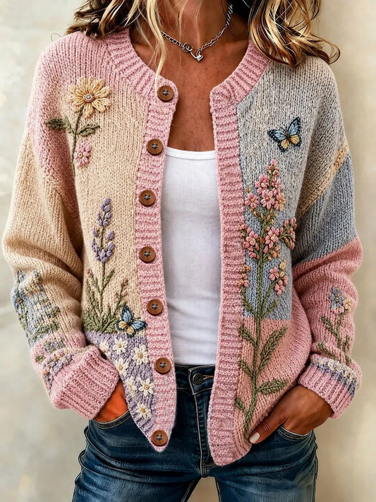 Veste en maille style cardigan aux motifs de fleurs pour la sensibilisation au cancer du sein chez la femme